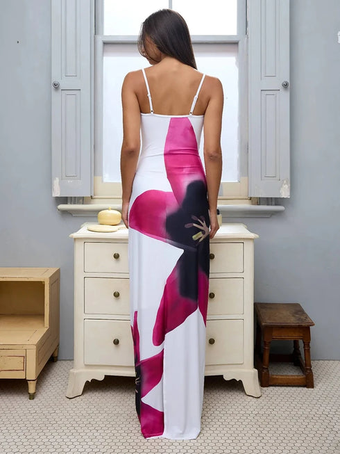 Sexy Party Maxi Dress For Women Summer Fashion Print Sleeveless Backless Bodycon Casual Club Elegant Strap Dress